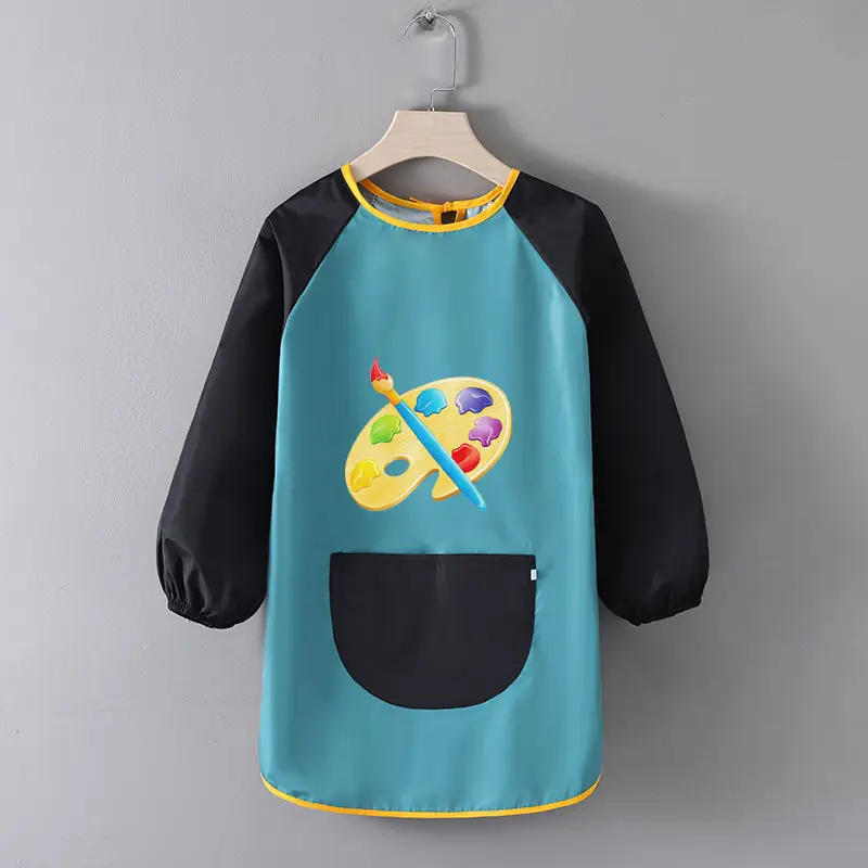 Kids Paint Apron Artist Uniform for Children Working Pocket Waterproof Apron for Painting Baby Eating Brush Pattern Sleeved Bib