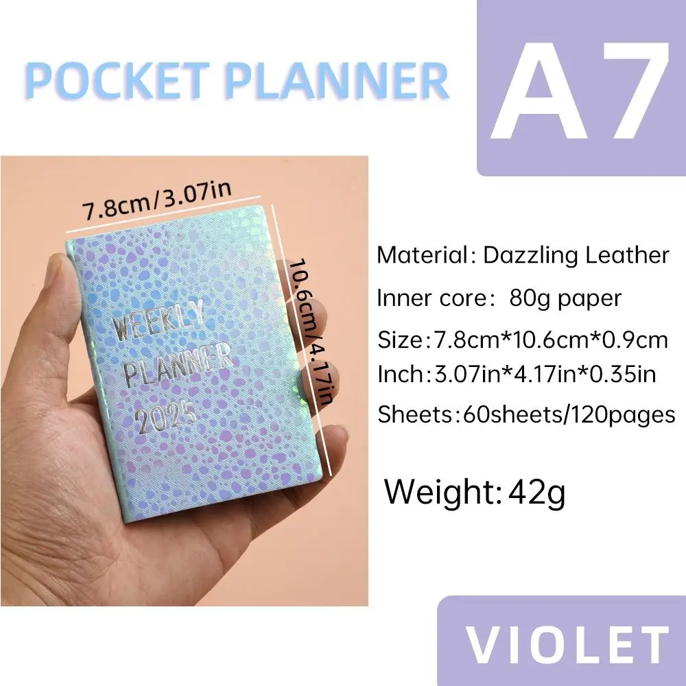 

Лазерный блокнот A7 2025: Цветной кожаный ежедневник-планировщик на 12 месяцев с кармашком для заметок и списком дел