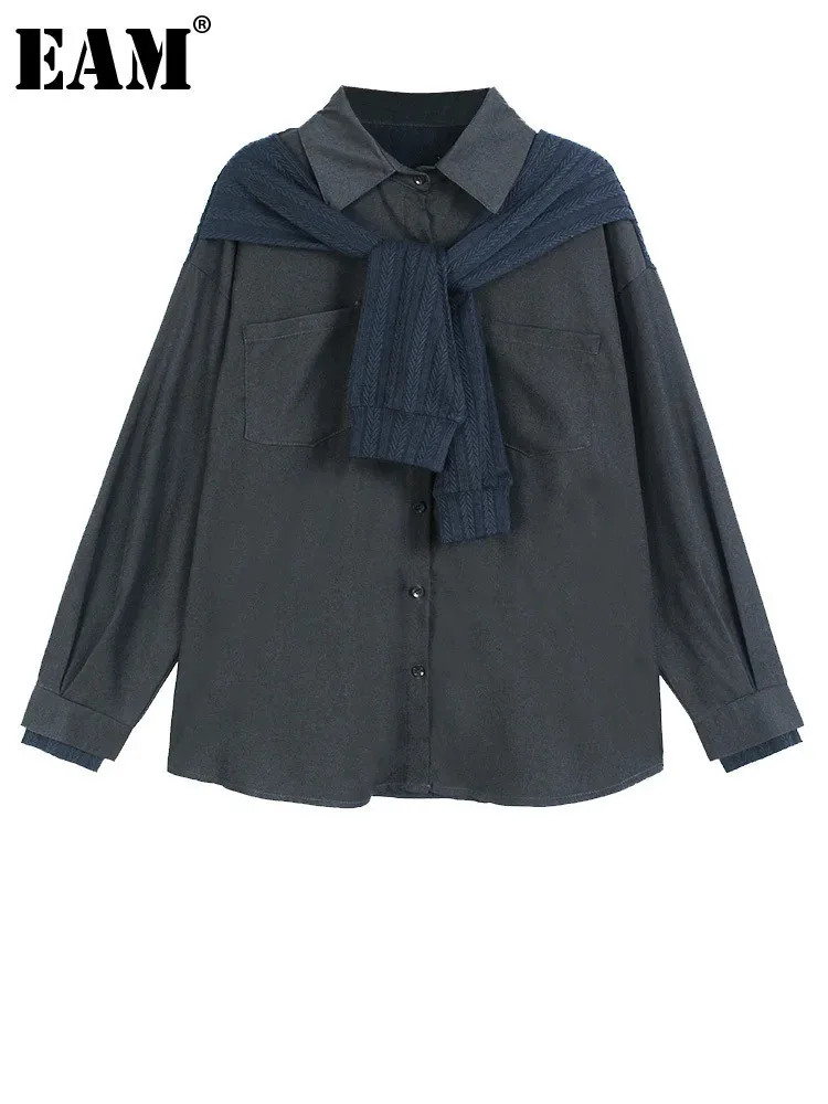 

[EAM] Women Gray Knitting Shawl Bug Size Casual Blouse New Lapel Long Sleeve Shirt Fashion Tide Spring Autumn 2024 1DH4572