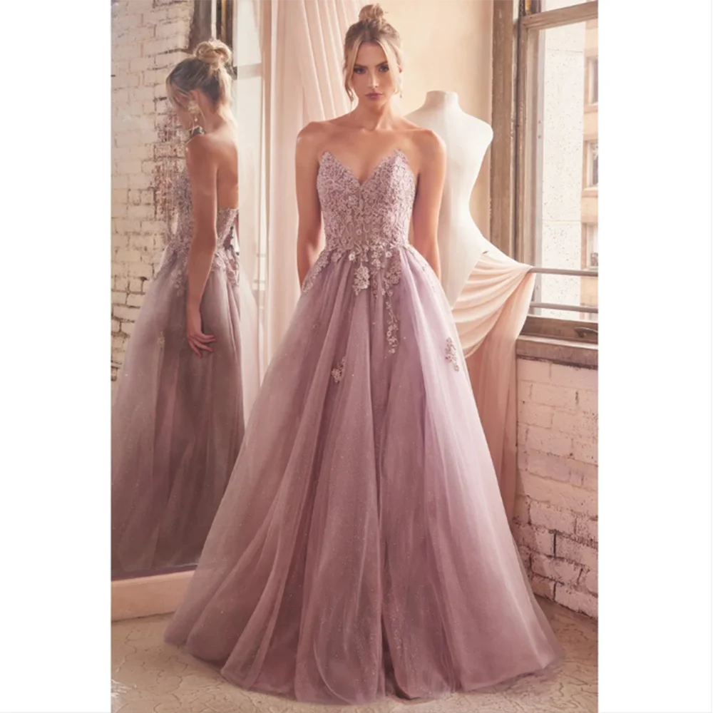 Exquisite Candy Color Lace Flowers Tulle A-Line Prom Dress Floor Length Sleeveless Strapless Side Split Fairy Shiny فساتين سهرات