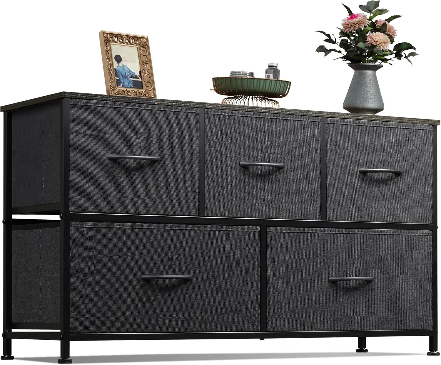 

5-Drawer Fabric Dresser with Storage Bins, Charcoal Black for Bedroom, Living Room, Hallway