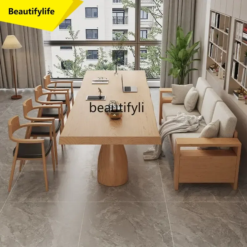 

LL A57 Nordic style living room large desk solid wood tea table and chair combination study table modern simple long table work