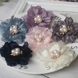 10PCS 6CM Chiffon Fabric Flowers Rhinestone Center Hair Accessories DIY Wedding Dress Straw Hat Home Decor