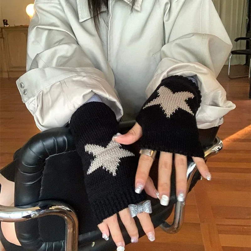 Y2K Mode Fingerfreie Fünfzackige Stern-Handschuhe, Winter Warme Verdickte Strickhandschuhe