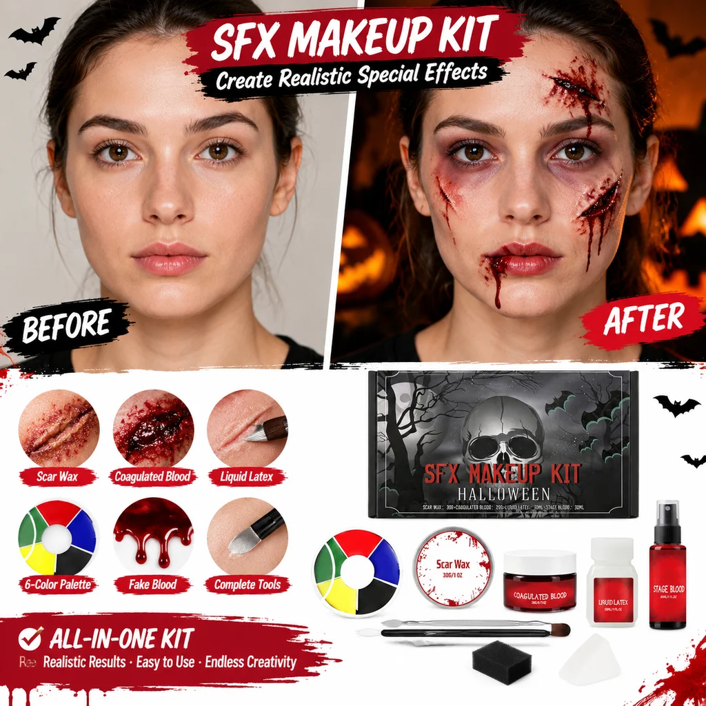 Halloween Makeup Kit Complete SFX Set Scar Wax Fake Blood Face Paint Palette Costume Cosplay Sensitive Skin Ready to Use 200g