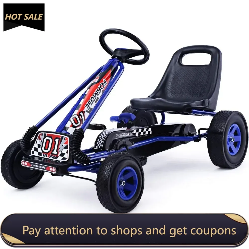 

Go Kart for Kids, 4 Wheel Off-Road Pedal Go Cart w/Adjustable Seat, Steering Wheel, 2 Safety Brakes, EVA Rubber Tires, (Blue)