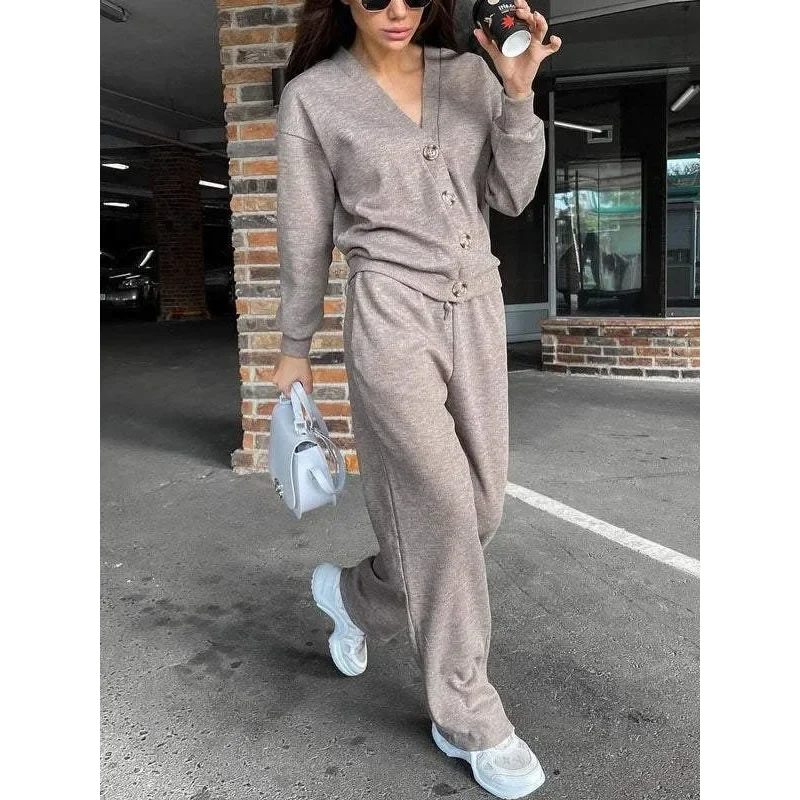 Two Piece Sets Casual Sports Loose Cardigan Top Straight Leg Pants Suits Autumn Winter Solid Simple Daily Women\'s Clothing