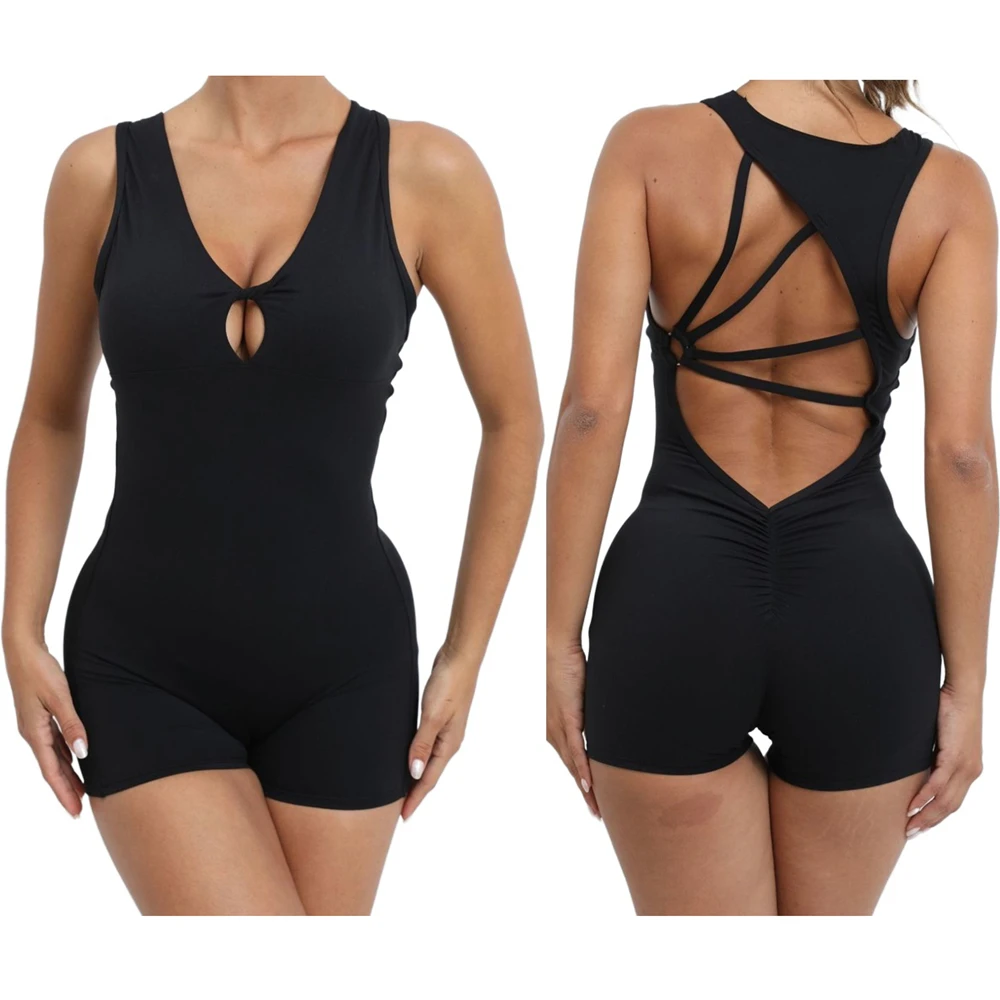 

Women's Sexy Backless Rompers Criss Cross Bodycon One Piece Halter Hips Lifting Yoga Bodysuit Short Jumpsuits With Chest Pads