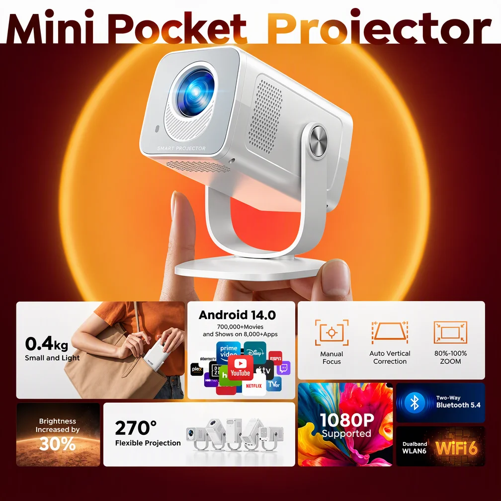 Toptro Projektor 4K 1080P Android 14.0 WiFi6 Autofokus 270 ° Drehbarer Android 14 Tragbarer Projektor für Filme, Heimkino und Outdoor – Detail 2