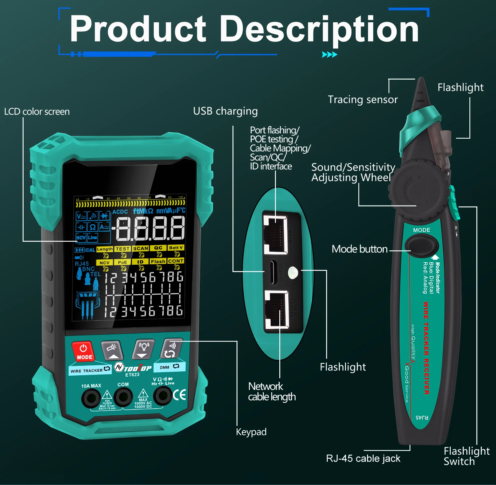 أداة مكتشف خط الشبكة الرقمية من TOOLTOP 6000 عدد متعدد 2in1 كريستال رئيس العقص RJ45 8-core قابلة للشحن كابل الشبكة المحلية تستر