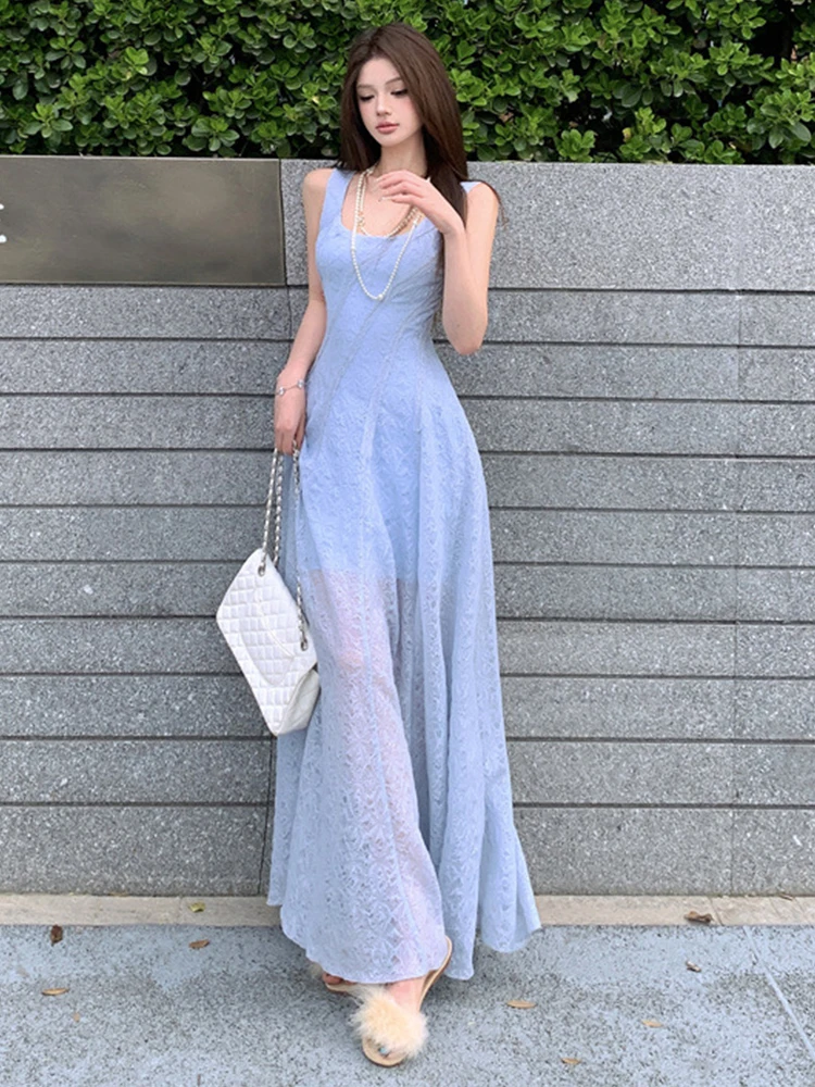 Vestiti delle donne Dolce Sheer Canotta sexy Taglio basso Slim Abito lungo a trapezio Elegante Lady Party Compleanno Abiti Robe Beach Casual Coreano