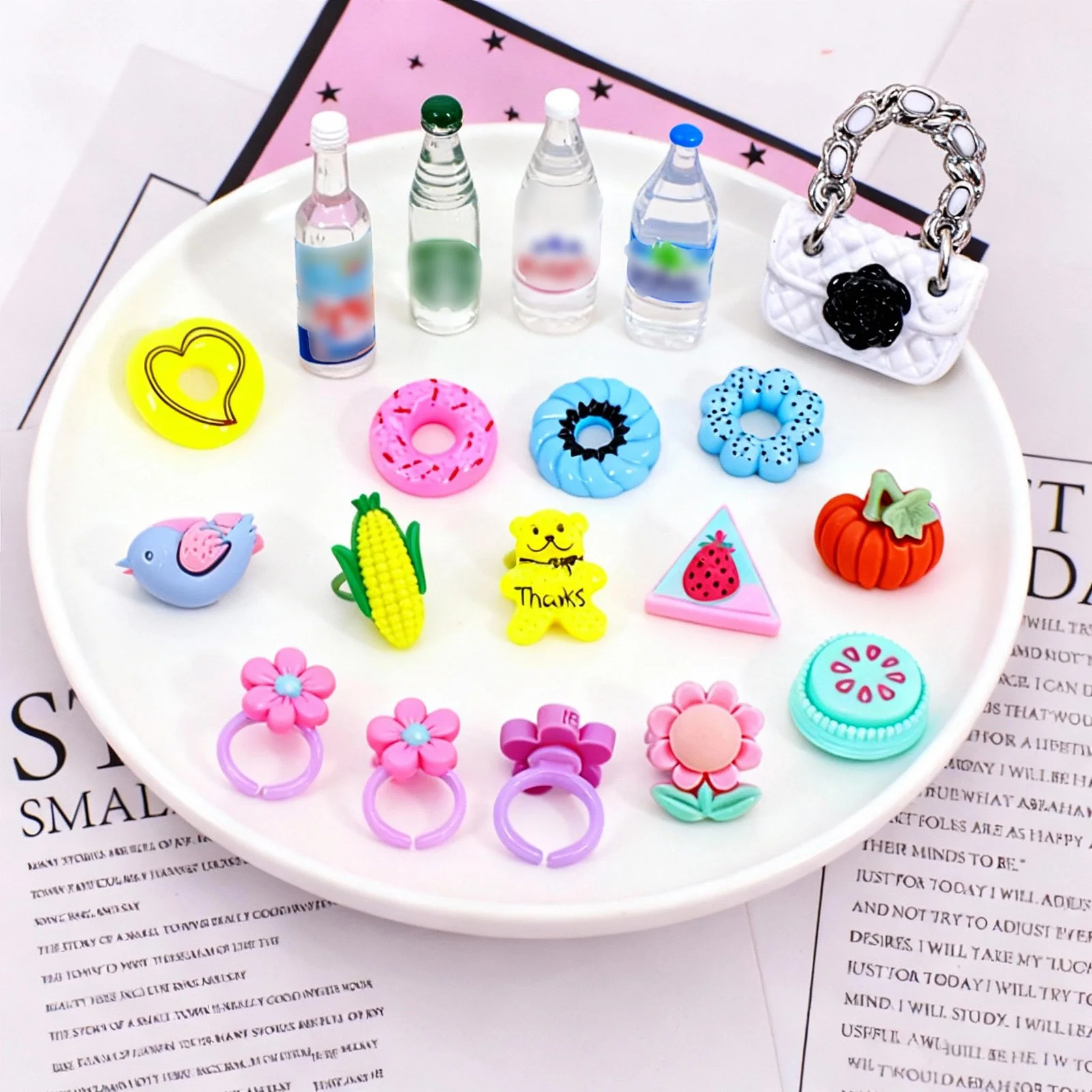 New Mini Dollhouse Accessories, Various Donut Ornaments, Mineral Water Models, Ring Models, Children's Gifts