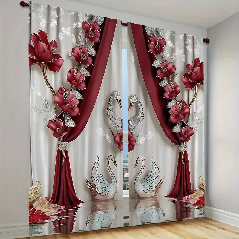 Elegant swan red and white floral printed curtains, suitable for bedroom and living room home decoration
