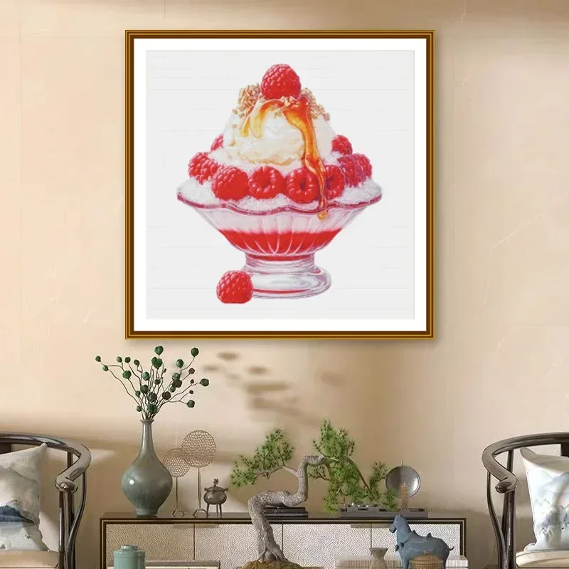 [[CC3139-Raspberry Ice Cream] Stamped Cross Stitch Kit 14CT 16CT Pre Printed Canvas Cotton Thread DIY Embroidery Home Wall Decor