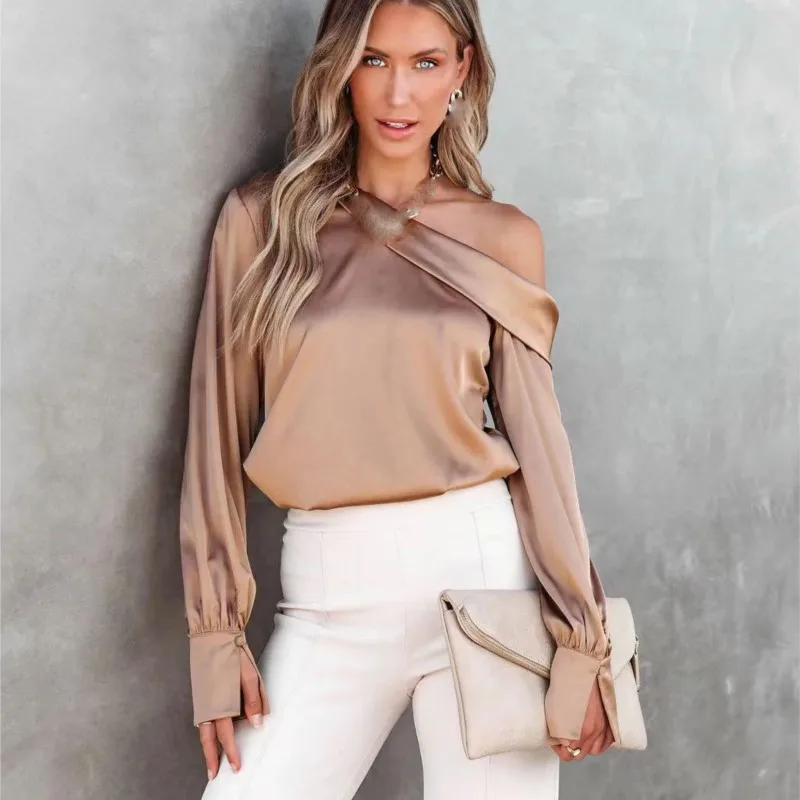 

Women Fashion Sexy Slash Neck Satin Blouse Solid Color Long Sleeve Off Shoulder Office Shirt Lady Casual Loose Blouse Tops
