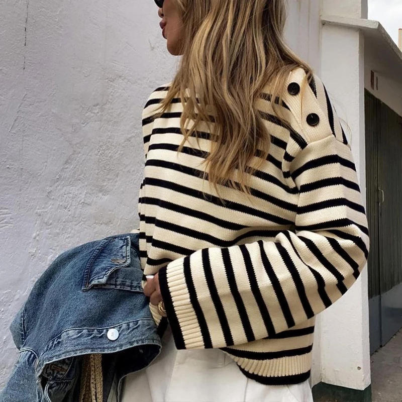 

Striped contrasting round neck long sleeved sweater YYW-D583046