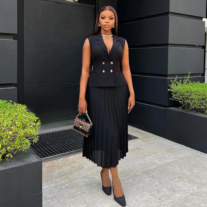 

New temperament suit collar double-breasted vest top pleated skirt suit fashionable simple and versatile elegant holiday style h