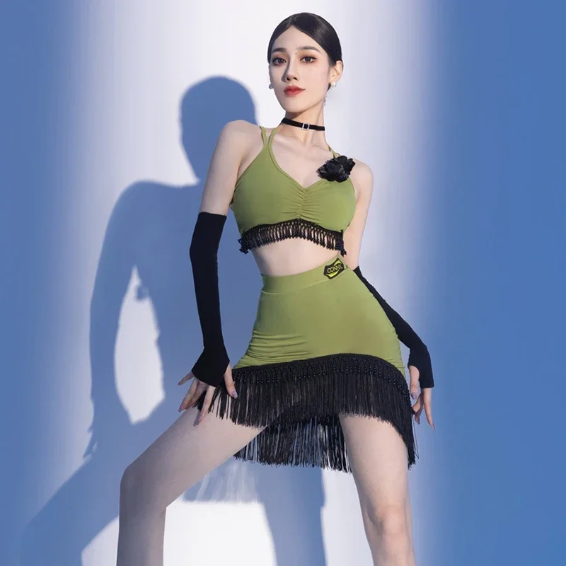 

Adult Latin Dance Costume Green Black Dancewear Top Fringe Skirt Women Latin Performance Suit Samba Rumba Practice Wear