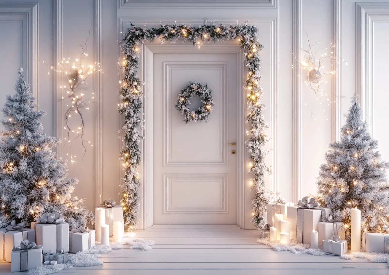 Mocsicka 화이트 크리스마스 사진 배경 소나무 아치 창문 커튼 장식 새해 배경 스튜디오 액세서리