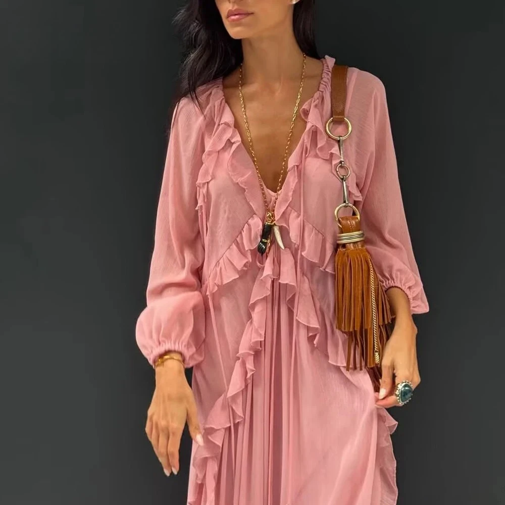 Kondala 2025 verão casual em camadas vestidos femininos rendas com decote em v vestido drapeado manga longa solta moda mujer vestidos