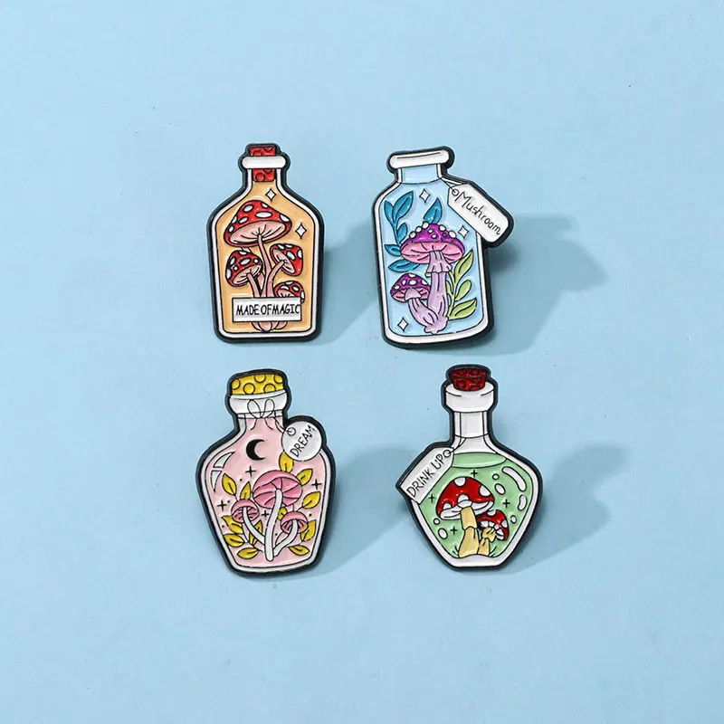 Pretty Colorful Mushroom In Bottle Theme Pins Star Moon Plant Pattern Dream Enamel Brooches Cheap Women Jewelry Wholesale