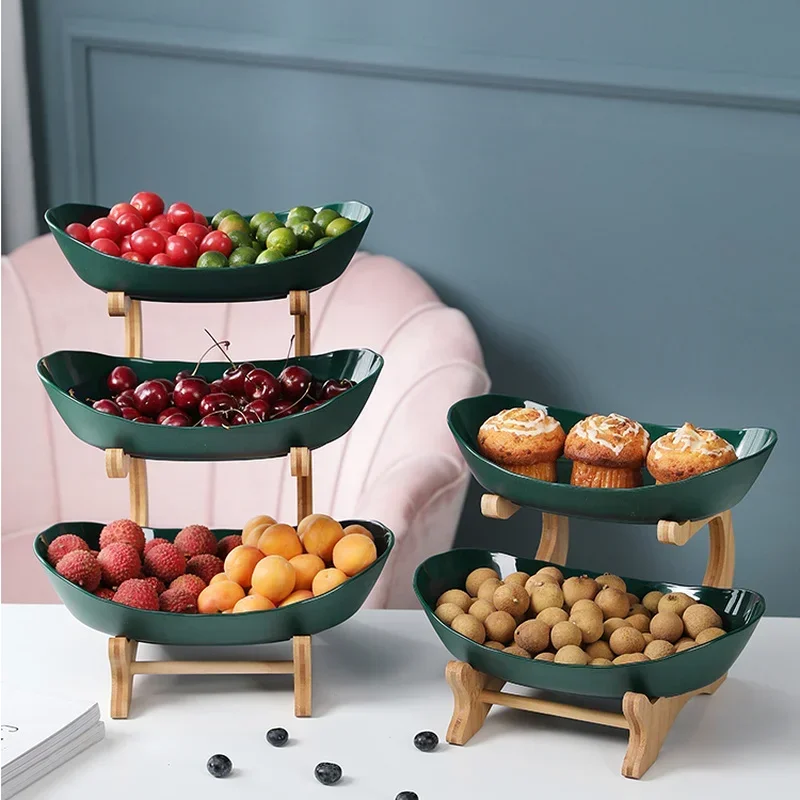 Plastic Fruit Plates with Wood Holder: 2/3 Tiers Serving Bowls, Party Food Server, Display Stand for Fruits and Candy