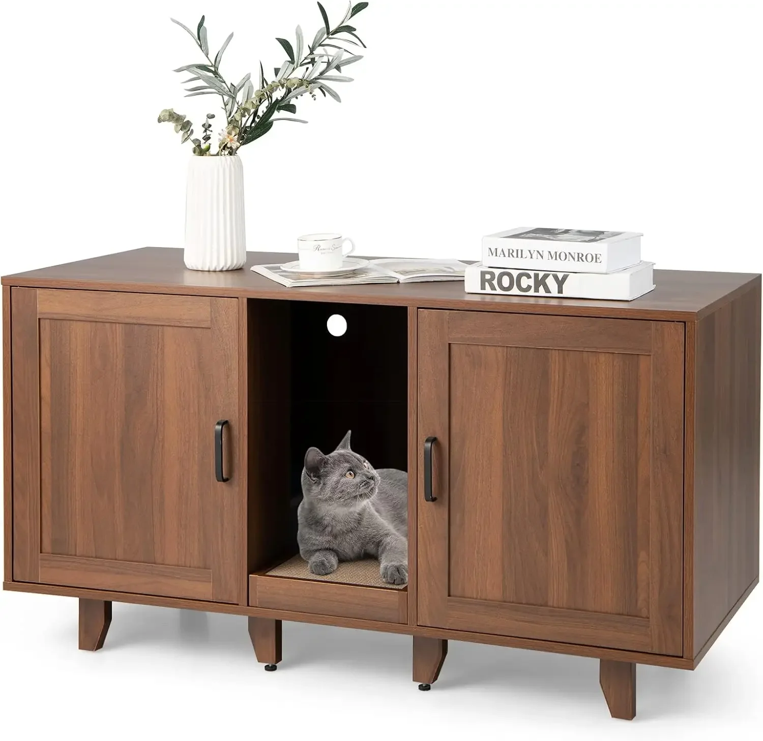 

Cat Litter Box Enclosure Furniture for 2 Cats, Large Litter Box Cabinet with Scratching Board, and Adjustable Foot Pads,