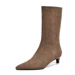 Cow Suede Slip On Mid Calf Boots Women Fashion Pointed Toe kitten Heels Boots Khkai Brown Sexy Ladies Party Oversized Shoes