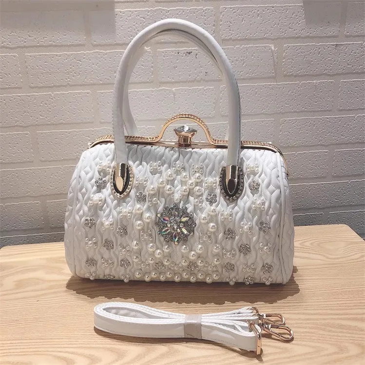 

High Quality Pleated Leather Pearl Beaded Pillow Bag Glitter Shiny Rhinestones Women's Handbag Shoulder Messenger Bag Lady Purse