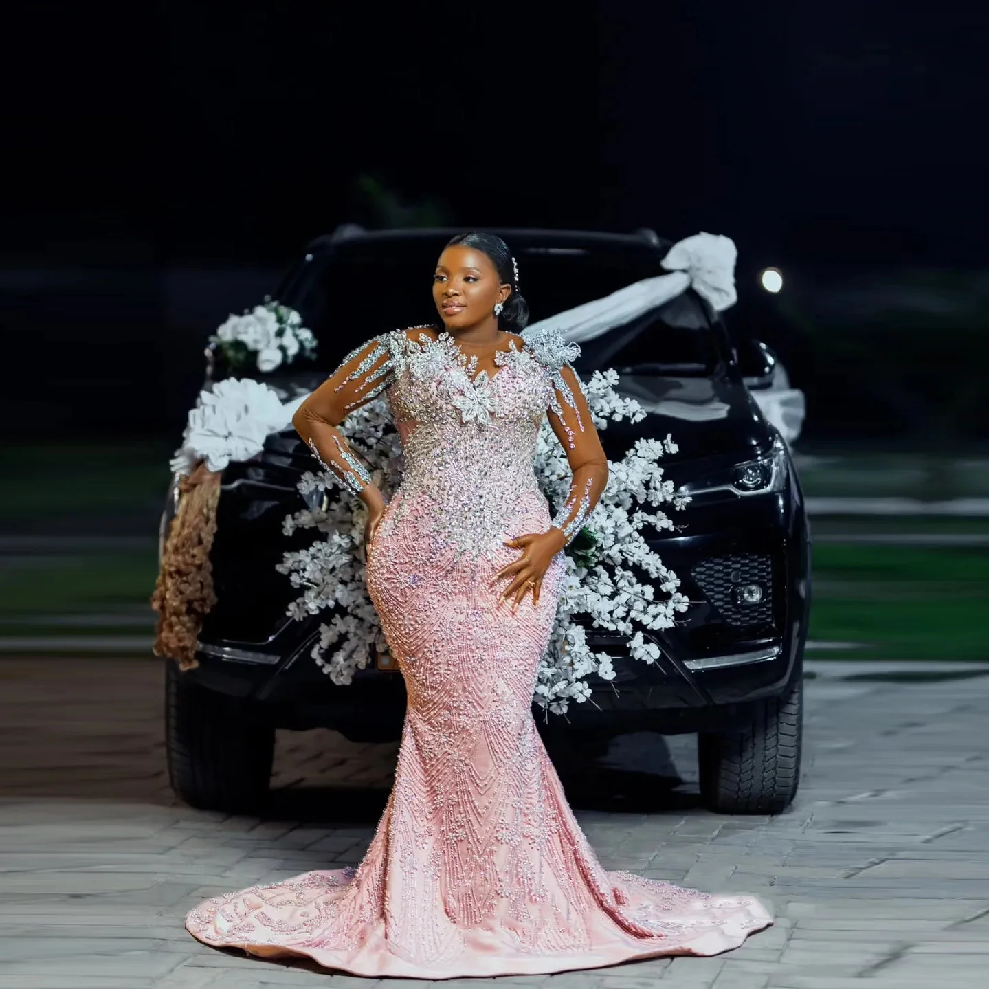 

Светло-розовое платье для выпускного вечера Aso Ebi размера плюс с прозрачным вырезом и длинными рукавами, кружево из бисера, иллюзия, цветочные вечерние вечерние платья, великолепные