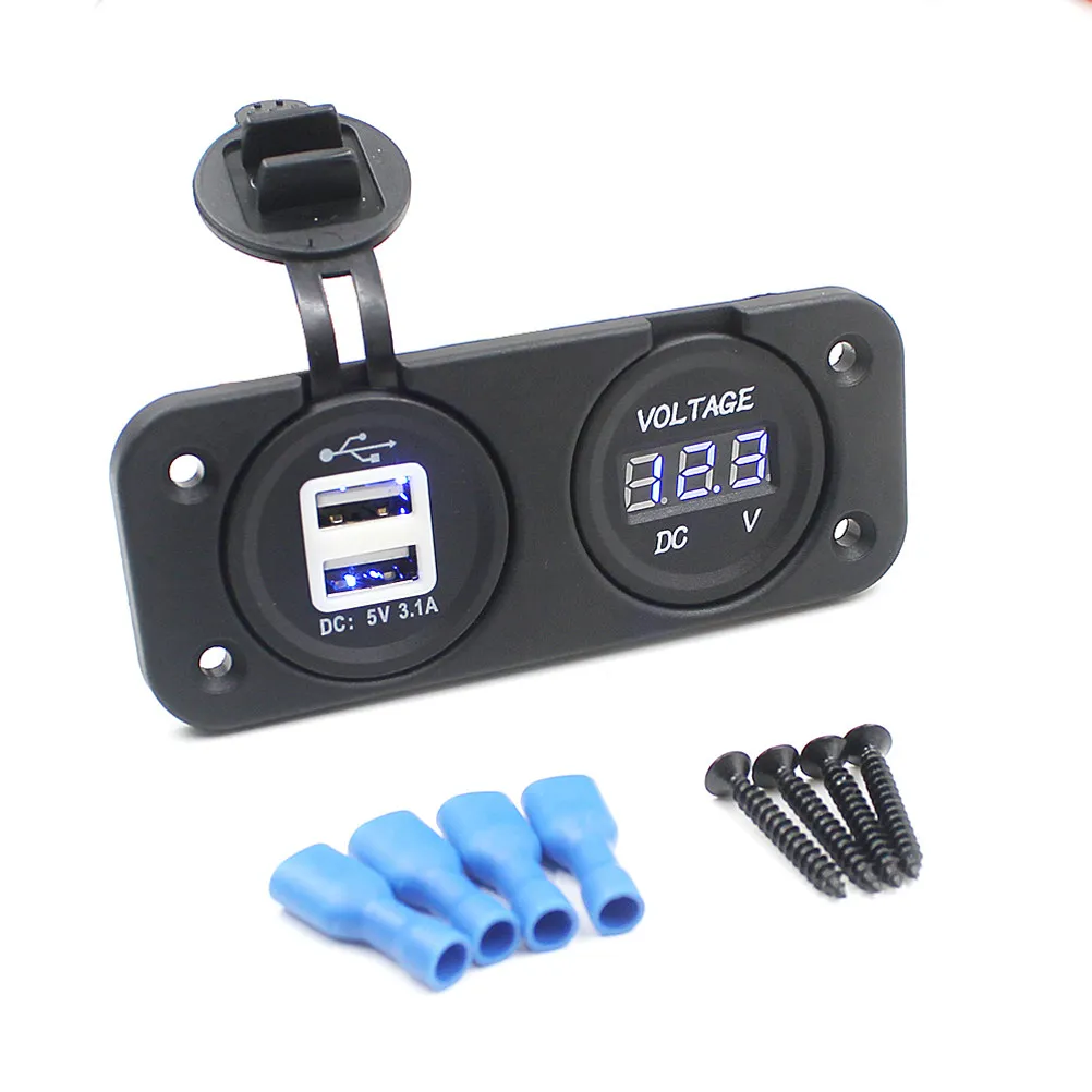 

247 Автомобильный/мотоциклетный/лодочный адаптер питания 2-в-1 с двумя USB-портами, черный, 12-24В, 5В 3.1А, с цифровым LED-вольтметром, водонепроницаемый