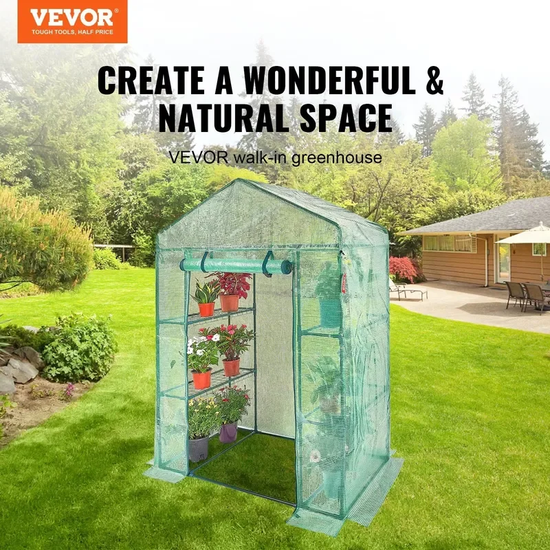 4.6 X 2.4 X 6.7 ft Walk-in Garden Greenhouse with High Strength PE Cover Steel Frame Doors and Windows Set for Minutes