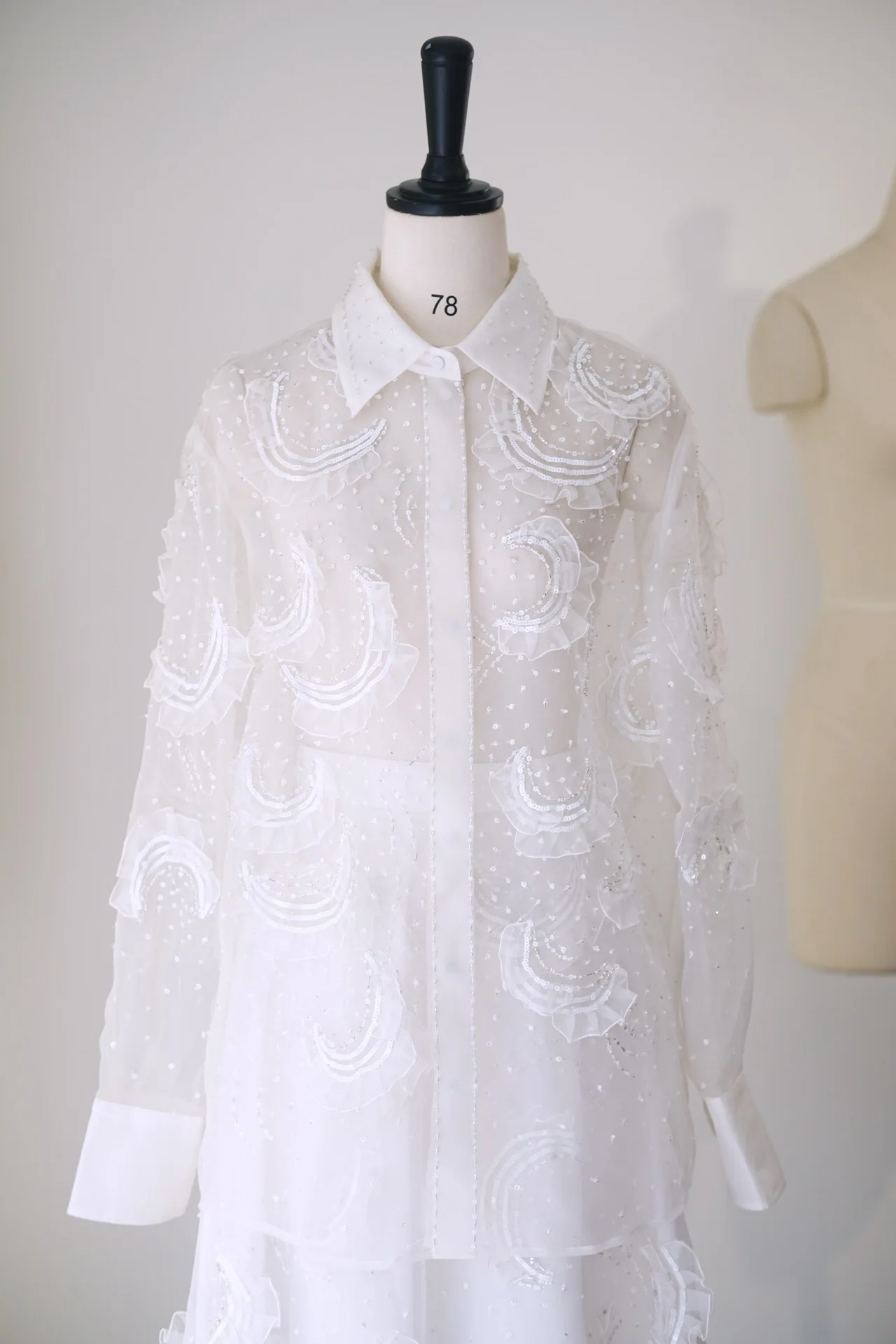 EVACANDIS High Quality Women Silk Turn-down Collar Lace Sequins Long Sleeve Shirts and Skirt Sets Sweet White Elegant Blouse