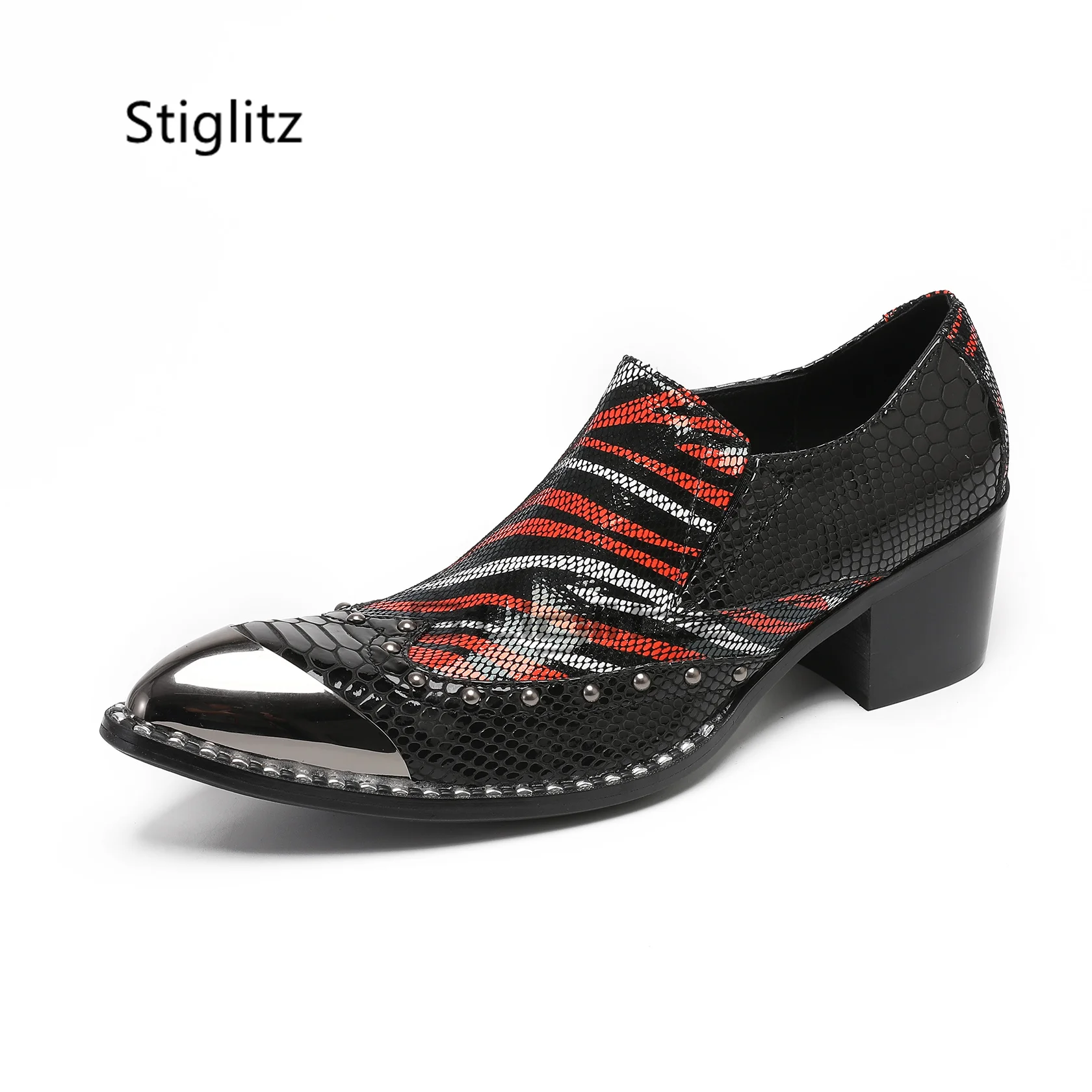 

Alligator Pattern Mixed Colors Men's Shoes Metal Toe High Heels Genuine Leather Shoes Casual Business Dress Slip-On Shoes