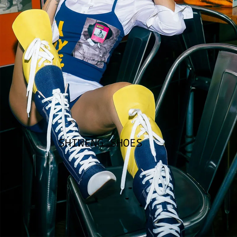 2026 Women Cross Tied Patchwork Knee-High Boots Pointed Thin Heels Closure Sexy Runway Show Modern Booties Lady Newest 44
