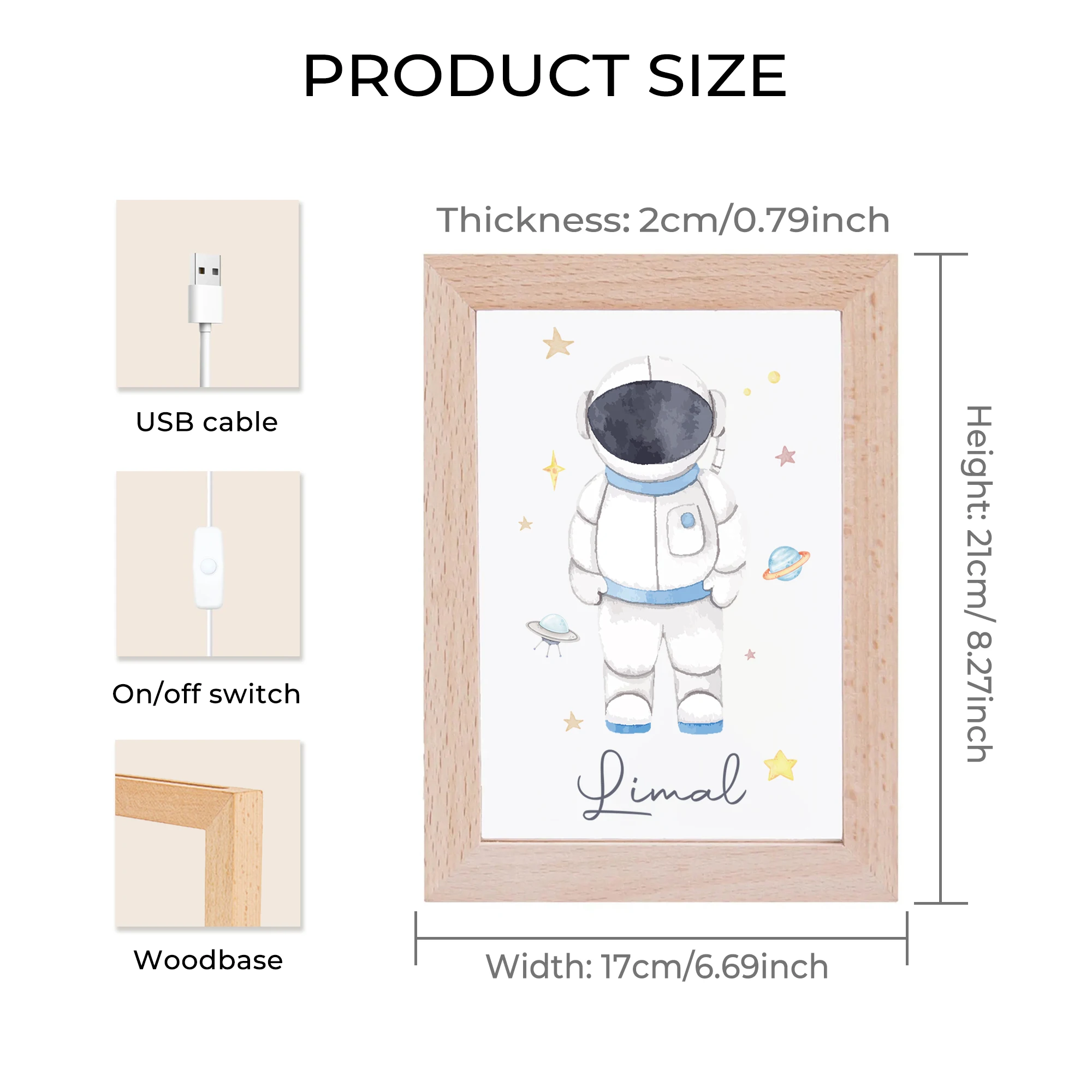 2D شقة مخصصة اسم رائد الفضاء LED الاكريليك ليلة ضوء الخشب إطار صور 21x17 سنتيمتر الكرتون الأطفال غرفة نوم الهدايا ديكور المنزل #6