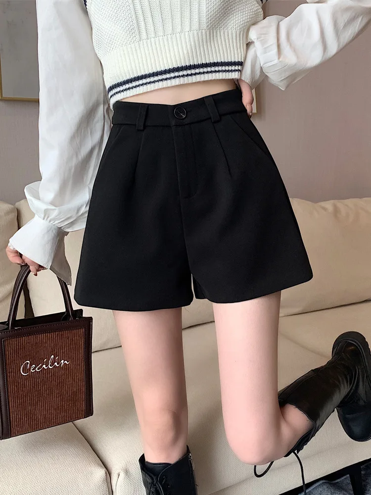 

New Hot-Selling Pants2024Women's Black Woolen Shorts High Waist Wide Leg Pants Autumn Winter Small SizeaWord Boot Pants