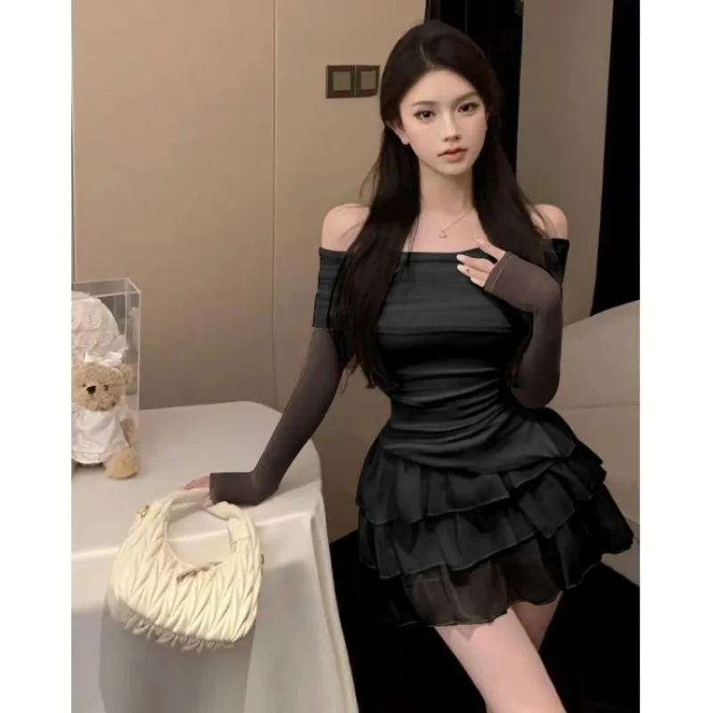 Sweet Sexy Off Shoulder Slim Fit Long Sleeve Tops Women+ Y2k High Waist Ruched Cake Skirts 20234 Summer New Two Piece Sets