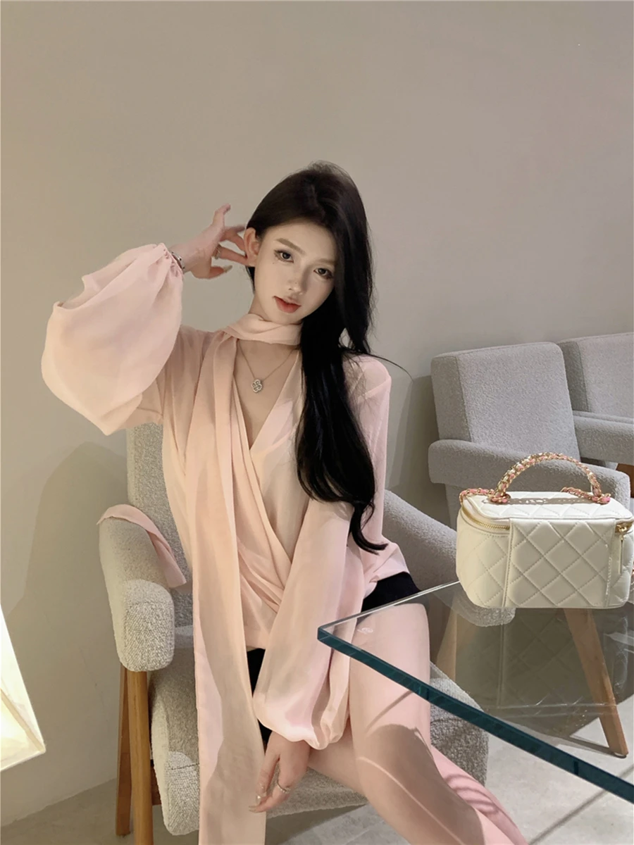 KUSAHIKI Ribbon V-neck Long Sleeved Chiffon Shirt for Women's Korean Style Top with Suspender Straps Inside Two-piece Set