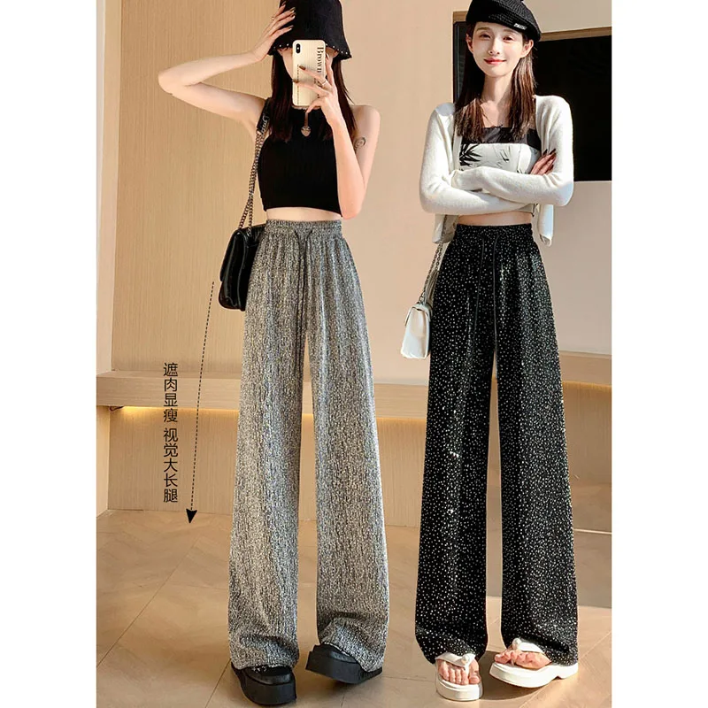 New Ice silk Wide-Leg Pants Women Spring Summer Loose High-Waisted Slim Straight Elastic Waist Soft Fashionable Casual Pants