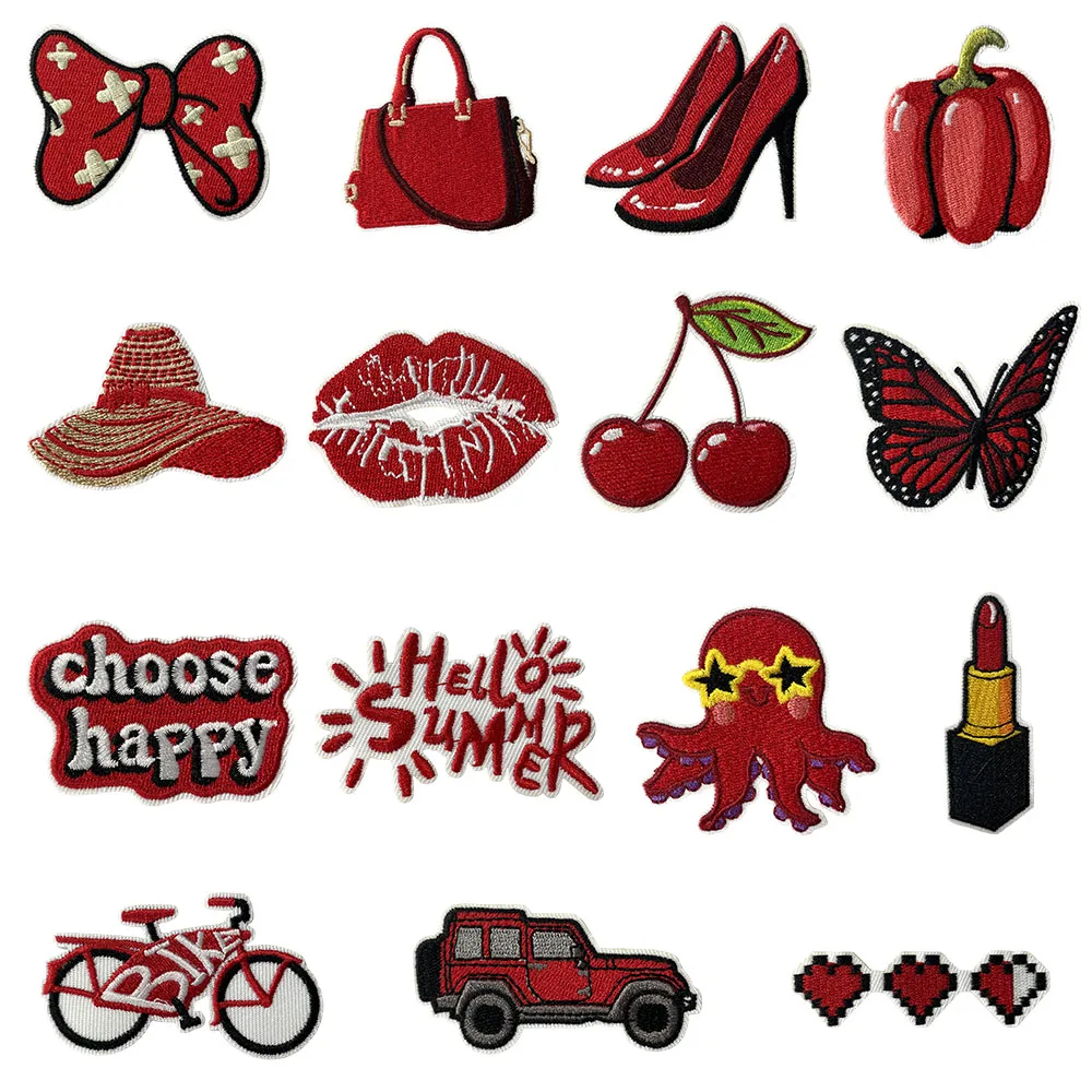 16-piece set of Red Romantic Lips Letter Butterfly Hat Cherry Bicycle Backpack Embroidered DIY Cloth Patch With Ironed