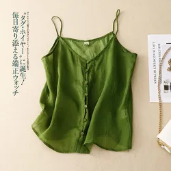 2023 Summer Arts Style Women Sexy Spaghetti Strap Tank Top Single-breasted Design Cotton Linen Loose O-neck Sleeveless Tops P71