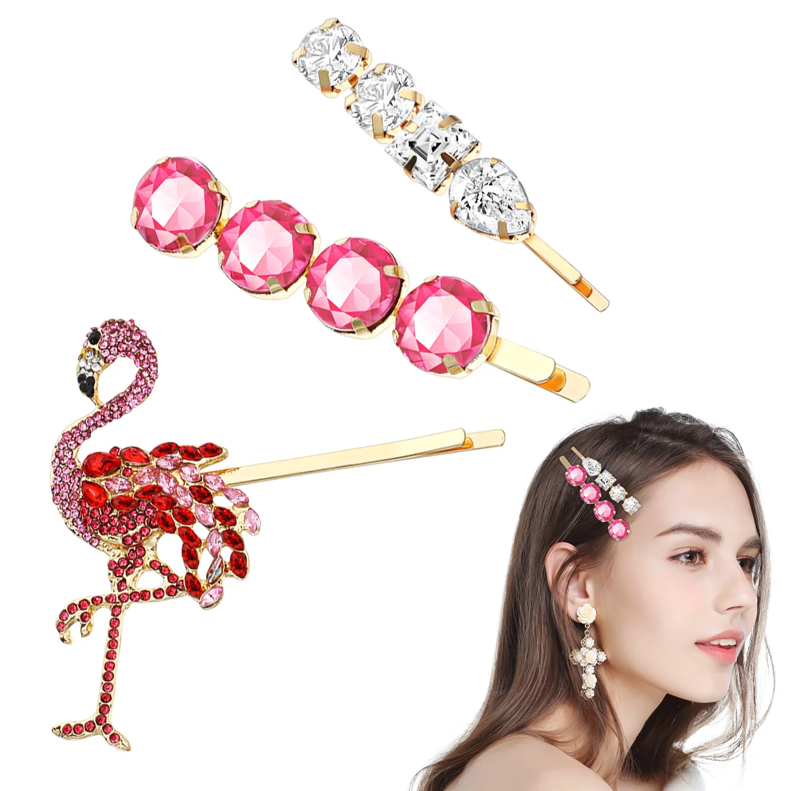 

3Pcs Beautiful Flamingo Barrettes Rhinestone Hair Clips Women Hairpins Elegant Accessory for Prom Party Gatherings
