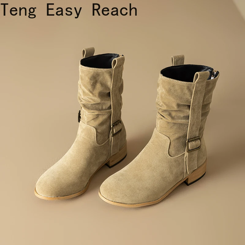 شتاء جديد الأحذية النسائية كعب منخفض كبير 40-43 الجلد المدبوغ حذاء من الجلد للنساء البني أحذية طويلة 45-48 #3