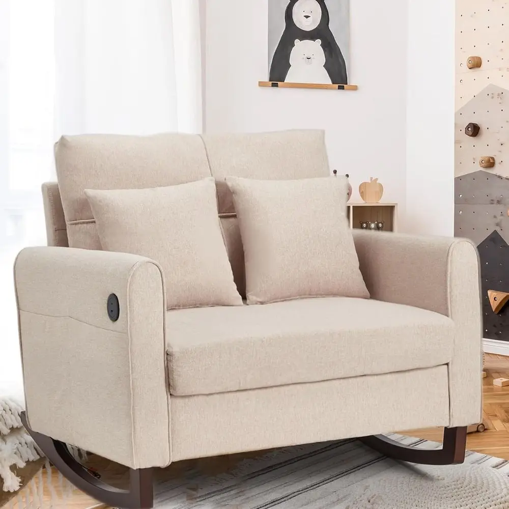 Upholstered Oversize Rocking Chair, Nurry Rocking Chair with High ack and Side ket USPort, Doule Wide Rocker Armchair with Ruer