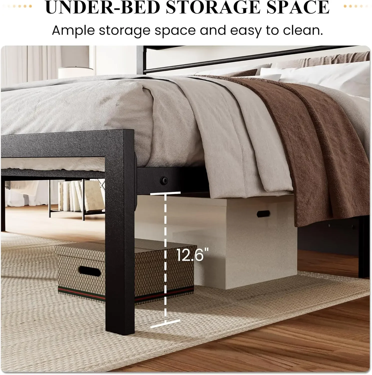 [شحن مجاني، وصول جديد! إطار سرير بحجم كينج مع رف أمامي وأساس معدني قوي، لا حاجة إلى صندوق زنبركي، أسود