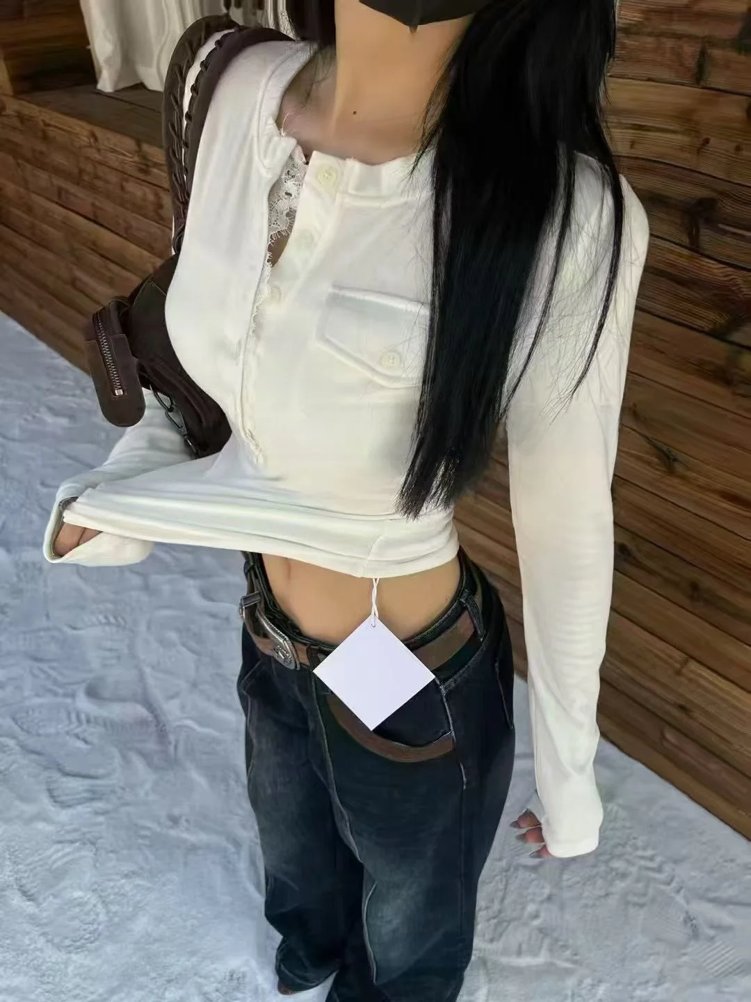 

Korean Sle Long Sve T-irt Women's Slim Fit Lace Patchwork oulder Pad f Open Collar Winter Soft Comfortable ort Top