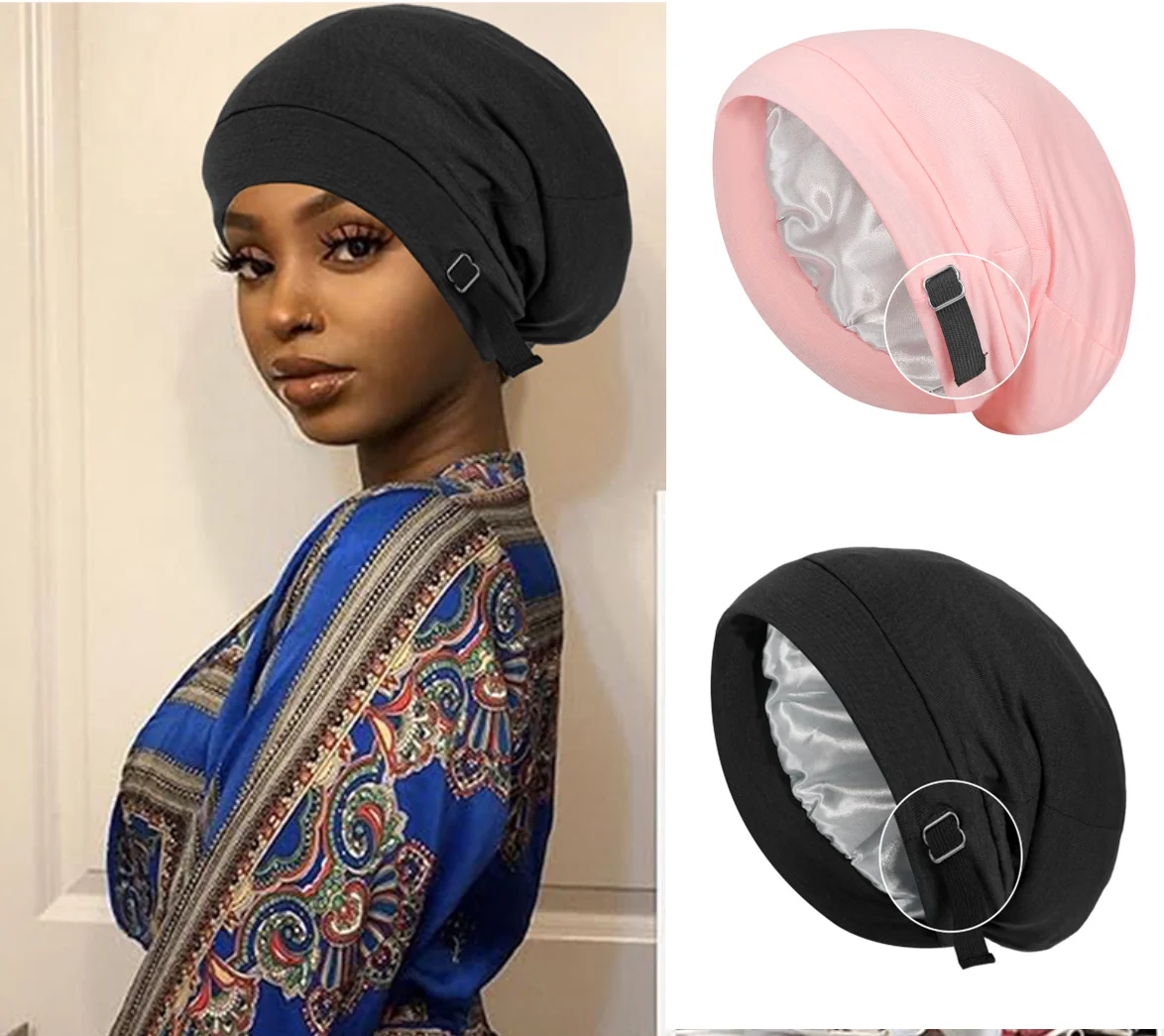 

Satin Lined Bonnet Hat For Women Men Soft Elastic Adjusted Satin Night Sleeping Cap Curly Braid Hair Care Silky Turban Sleep Cap