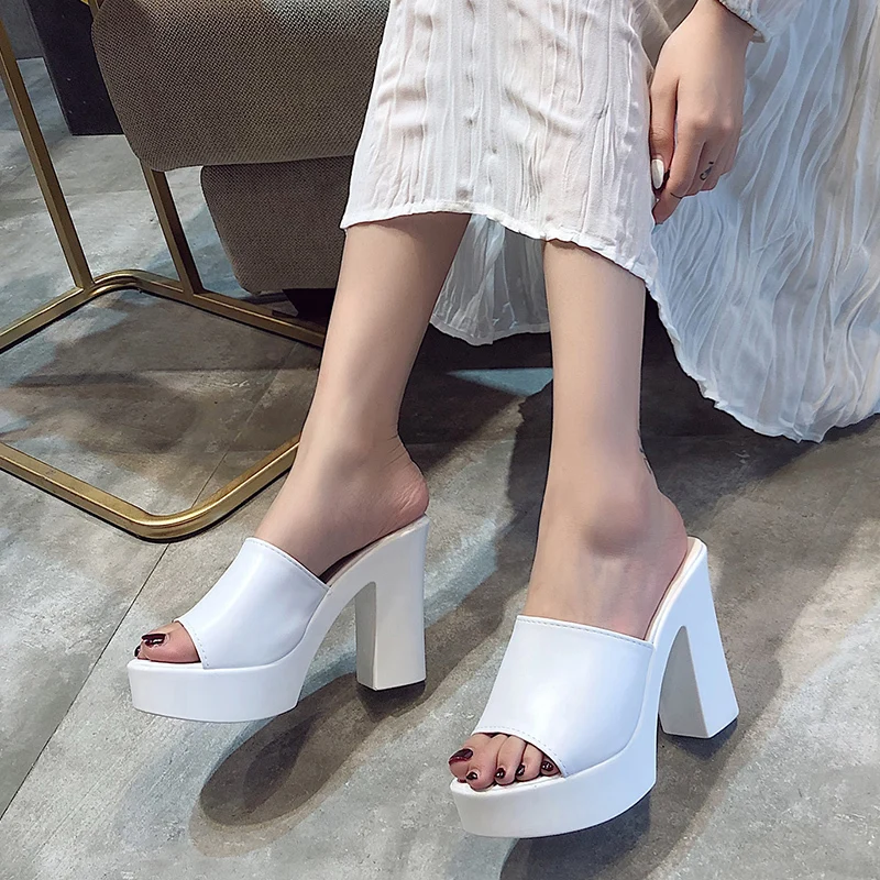 Aphixta 2024 Summer 7cm Chunky Heels Slides Women Mules White Design Platform Slippers Sandal Cool Peep Toe Shoes Female