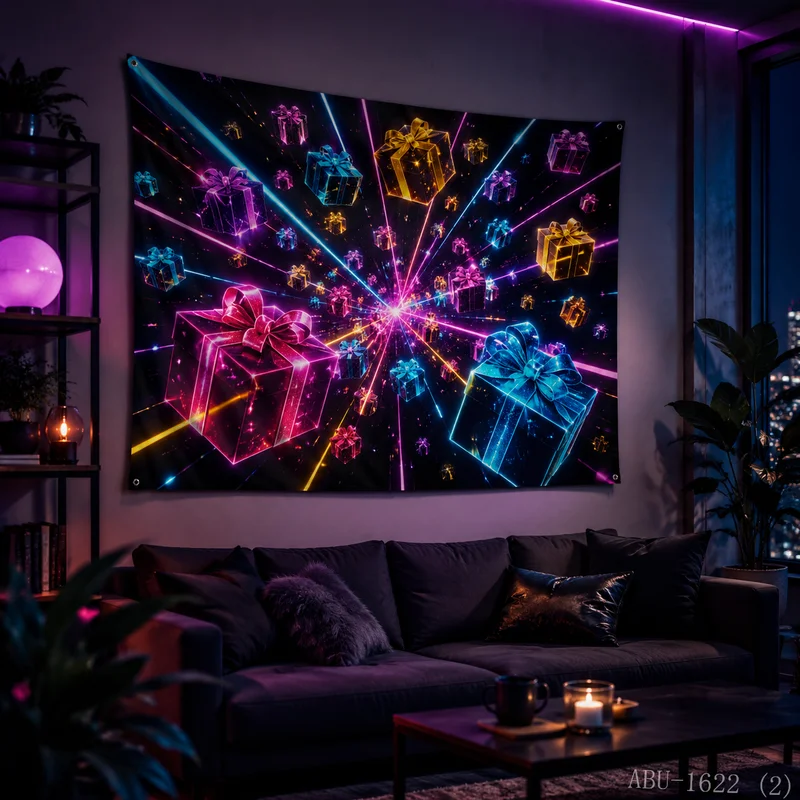 VIKAMA Neon Gift Box Explosion Radiant Colorful Present Starry Black Art Christmas Tapestry Wall Hanging Bedroom Living Room
